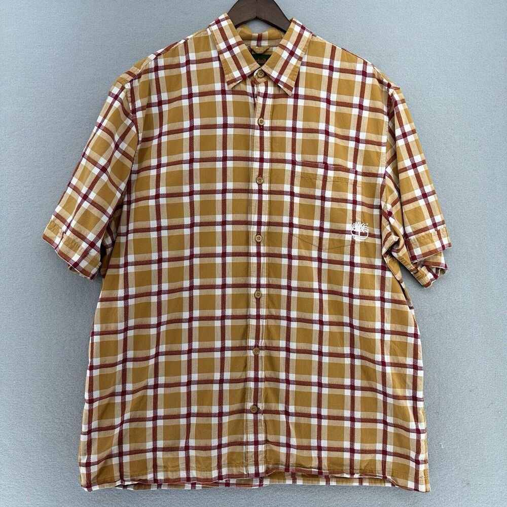 Y2K Timberland Plaid Button Up Shirt Mens XL Short Sleeve Baggy VTG Orange Red
